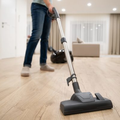 Wide angle photo of woman housewife, maid or service worker hoovering with vacuum cleaner in bright luxury appartment.