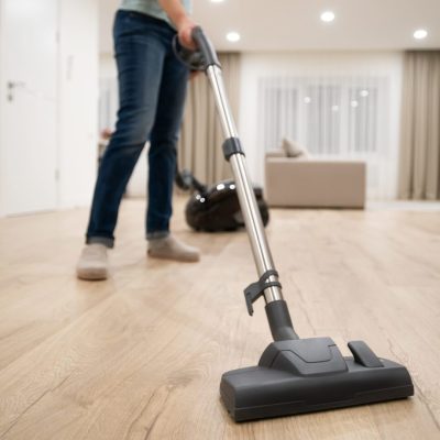 Wide angle photo of woman housewife, maid or service worker hoovering with vacuum cleaner in bright luxury appartment.